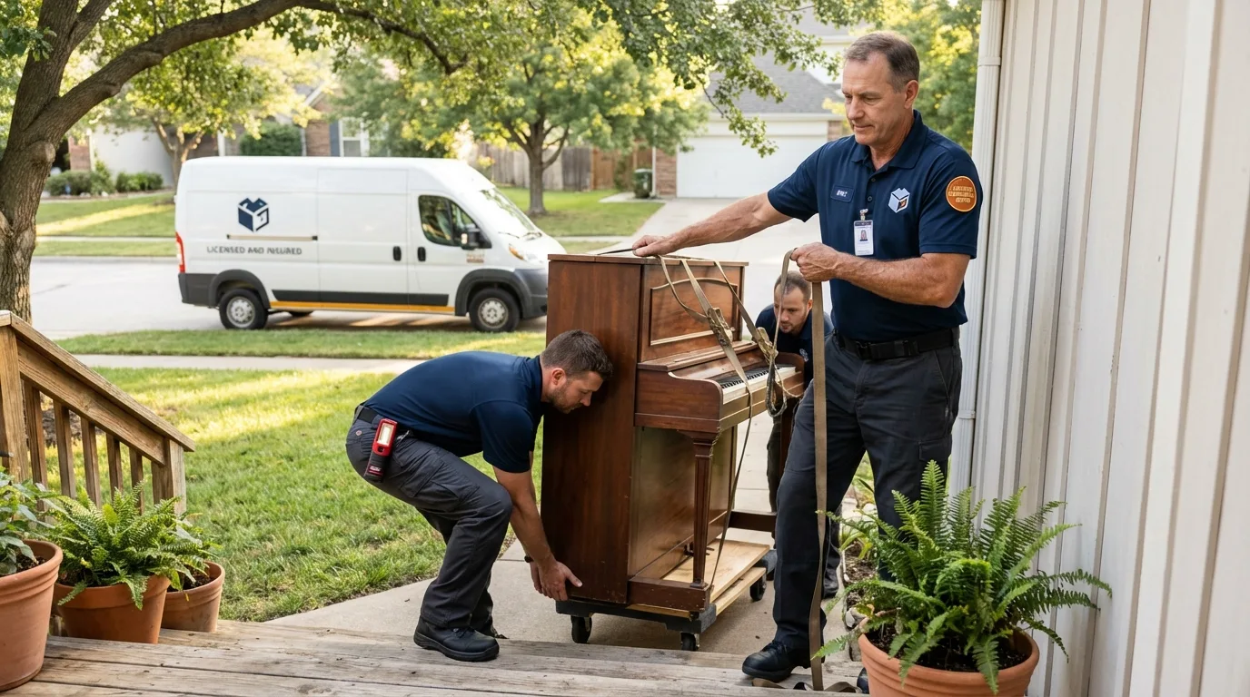 Licensed piano movers securing grand piano in Windsor, NC