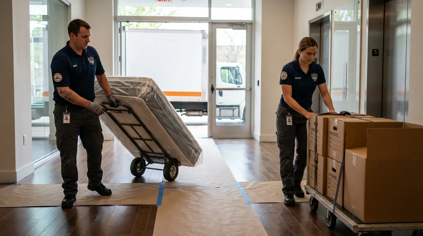 Professional apartment movers loading elevator in Windsor, NC